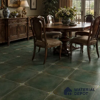 Traditional Dining Room with Teal Green Porcelain Floor Tile